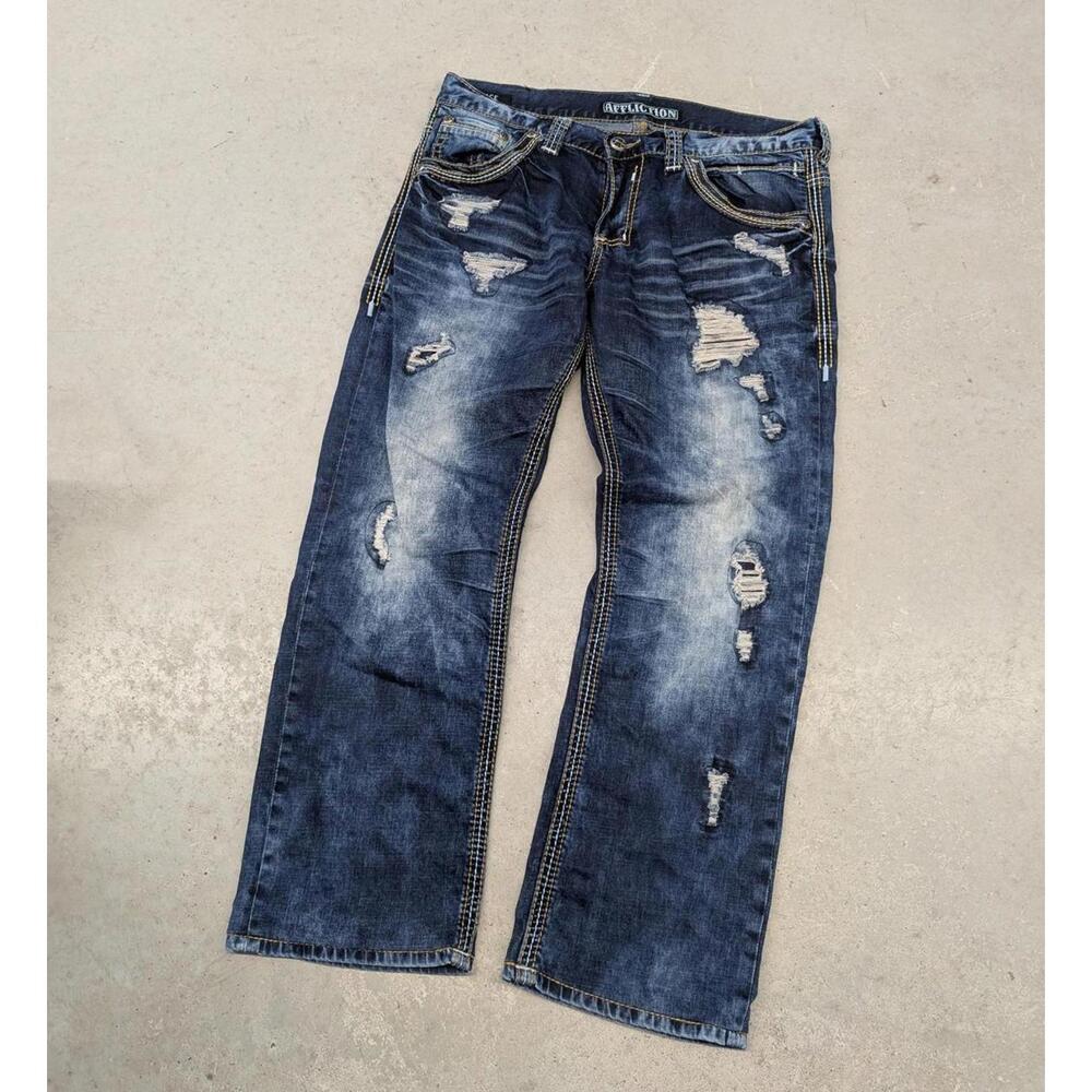 Y2K Affliction Black Premium Ace Distressed Faded Blue Jeans